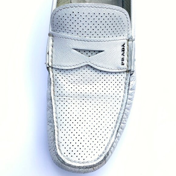 Men’s White Prada Leather Perforated Driving Shoes with Stripes Italy US 10.5 - Picture 7 of 10